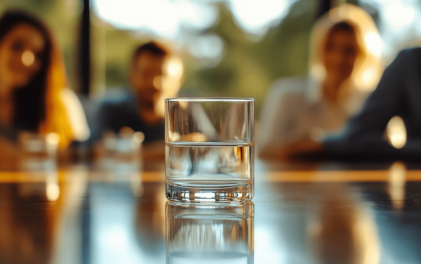 glass on half full of water stands in front of people